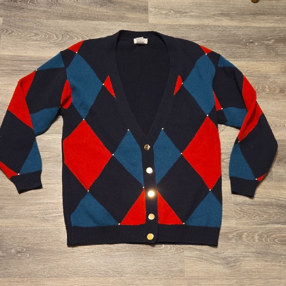 Vintage Sweaters - Vintage Argyle Oversize Lambswool Blend Studded Cardigan Sz Small